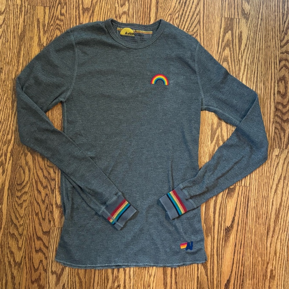 Aviator Nation Gray Long Sleeve Tee with Rainbow Accents